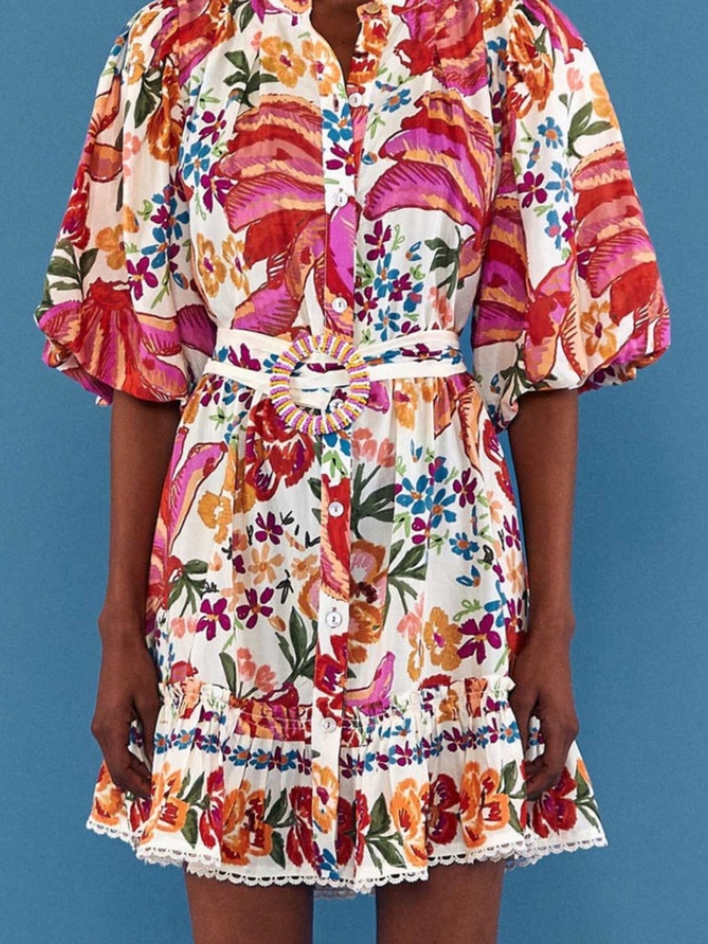 FARM Rio White Spring Bananas Belt Mini Dress